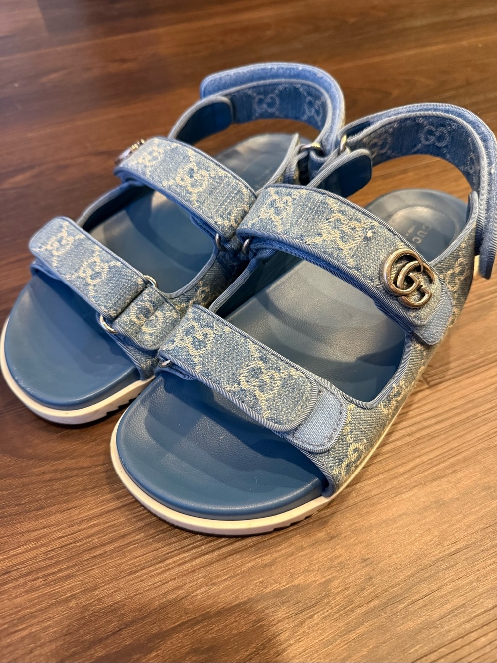 Gucci Light Blue Denim GG Velcro Sandals